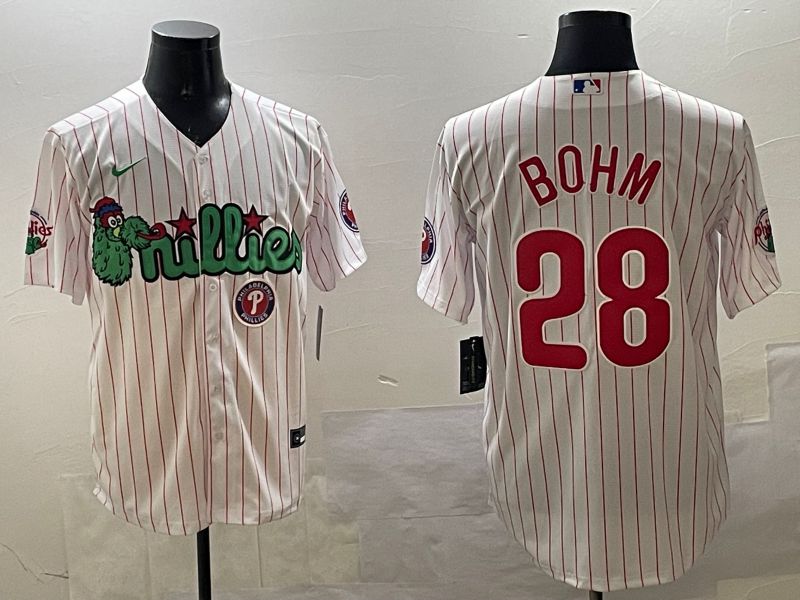 Men Philadelphia Phillies #28 Bohm White Stripe Three generations Joint Name Game 2025 Nike MLB Jersey style 5